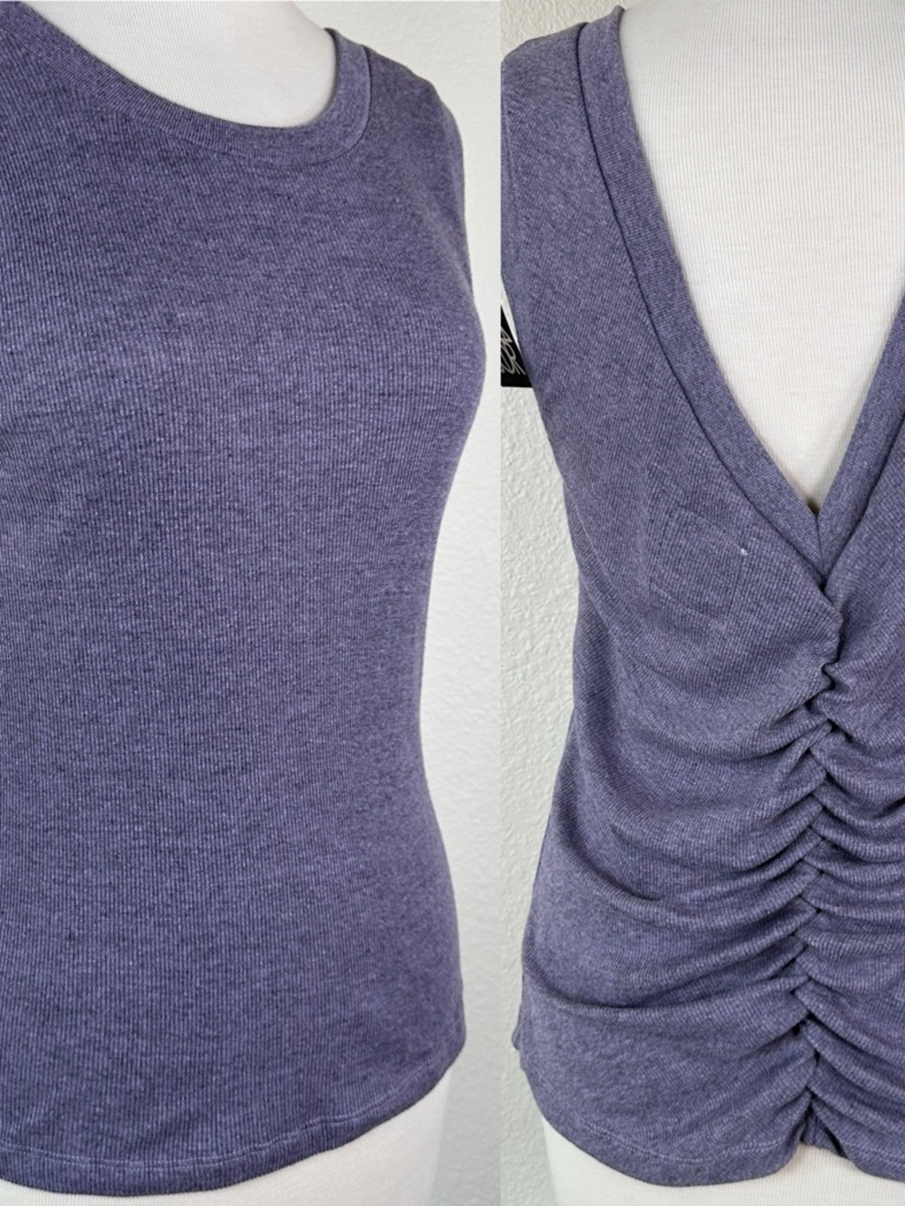 Chaser Ribbed Tank Top Pegasus Purple Ruched‎ V Back Sleeveless S NWT